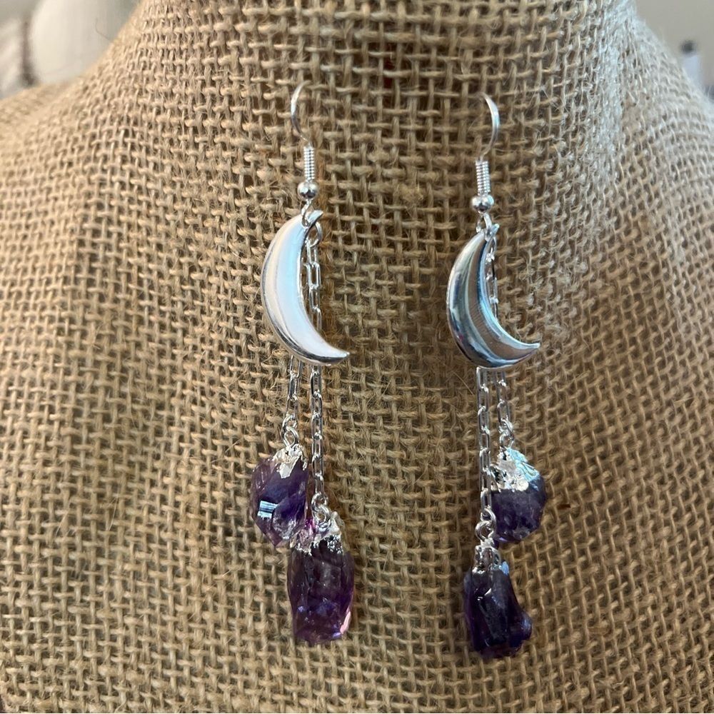 Made in Brazil Amethyst point Moon Dangle Earrings in Silvertone